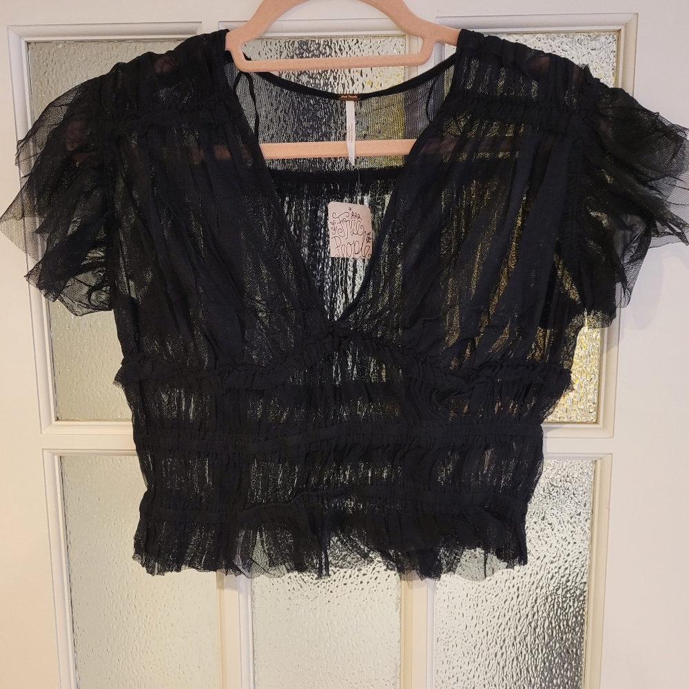 Free People Making Me Smile Mesh Cropped Ruffle Blouse